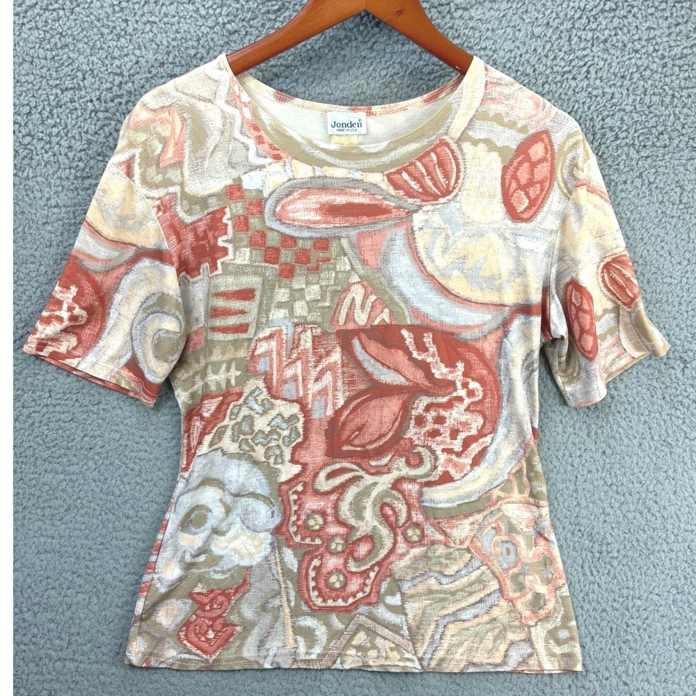 Jonden Short Sleeve Abstract Top Womens M Beige Red 90s Vintage USA Made